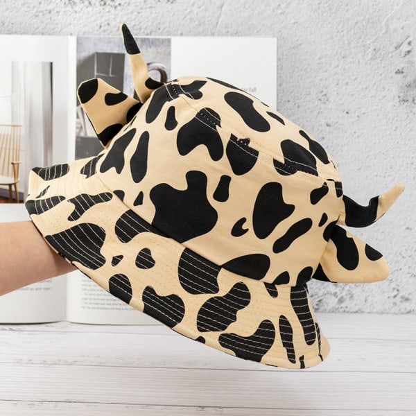Unisex Lehmänkuvioinen Bucket Hat - Puuvillainen Lehmän Hattu Söpöillä Sarvikorvilla - Kesäinen Ranta-Aurinkohattu - Kalastajan Hattu - Ulkoilukorkki (Khaki Lehmänkuvio)