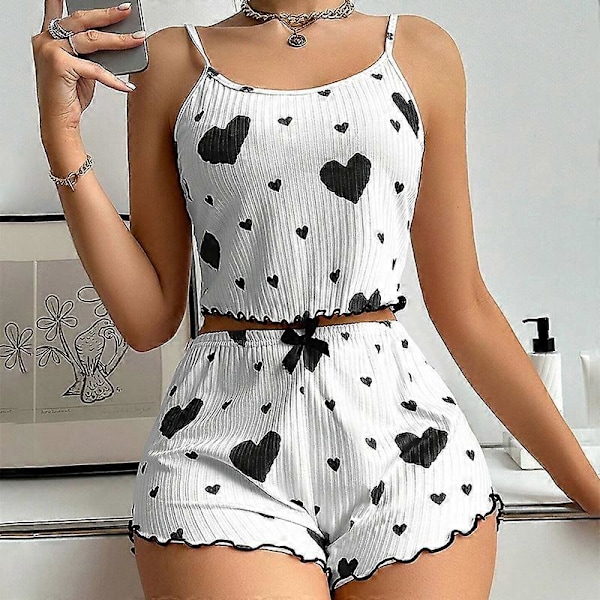 Dam Hemmakläder Kärlekstryckta Linne Shorts Tunn Ribbstickad Utekläder Europeiska och Amerikanska Dam Pyjamas Black And White S