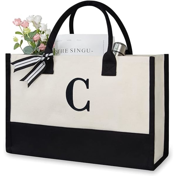 Personalized Initial Canvas Beach Bag, Monogrammed Gift Tote Bag for Women