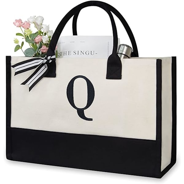 Personlig Canvas Strandväska med Initialer, Monogrammerad Present Tote Bag för Kvinnor