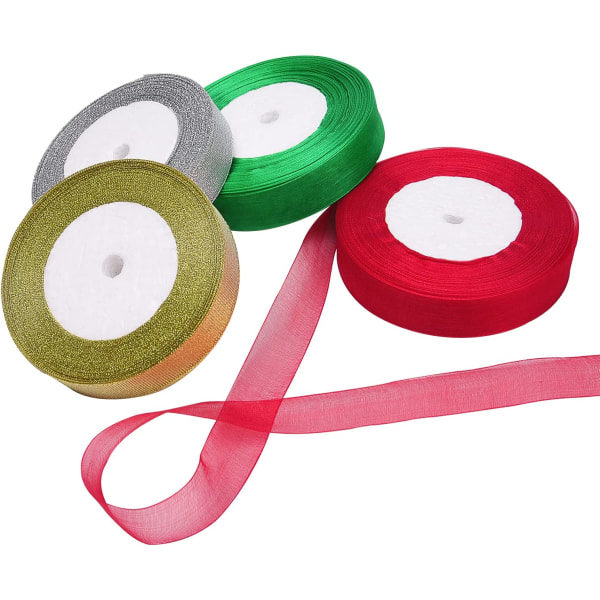 4 rullar av 4/5 tum bred julmetallglitterorganza