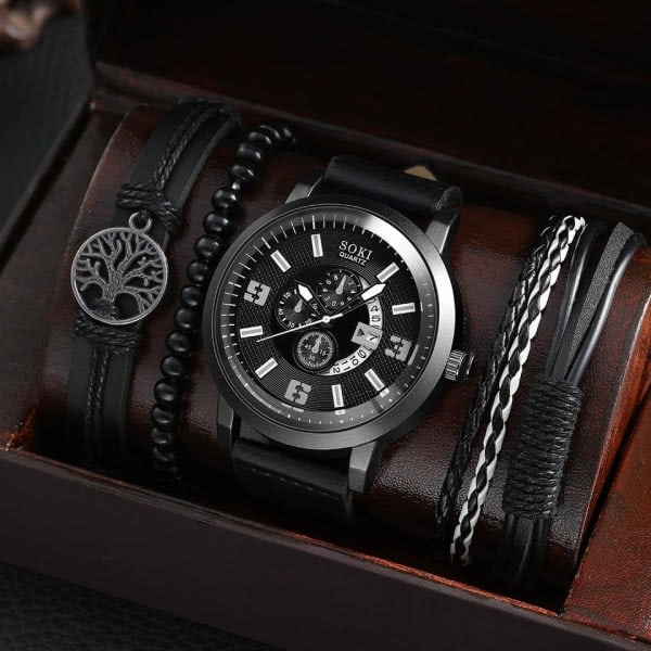 Herrklocka Set Presentförpackning Vävd Armband Mode ihålig Läder Quartz Klockor