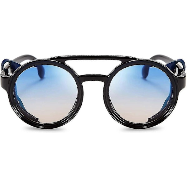 Retro Pyöreät Steampunk Aurinkolasit Naiset Miehet Vintage Silmälasit Kevyt Muovikehys Nahkaosilla B2532 Blue