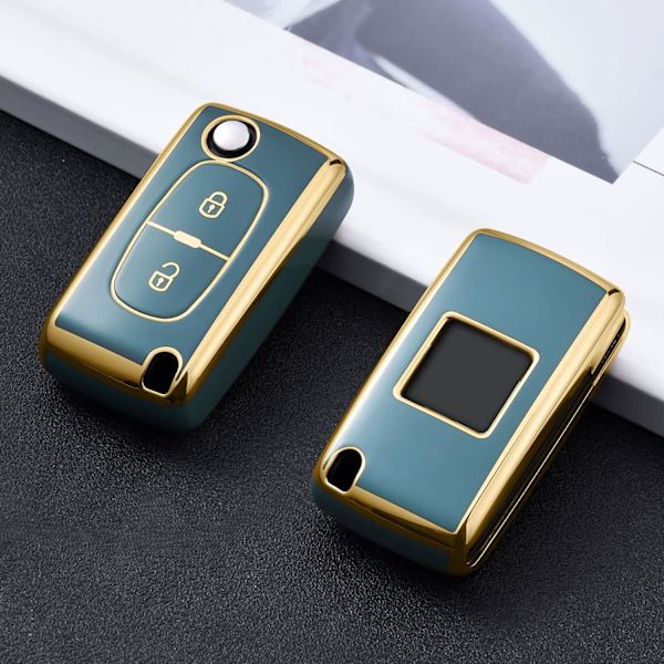 Bilnøgleetui, nøglecover til Peugeot 207 307 308 407 408 3008 5008 Citroen C2 C3 C4 C5 C6 C8 2 knapper nøgleetui tilbehør （Golden Edge Grey)