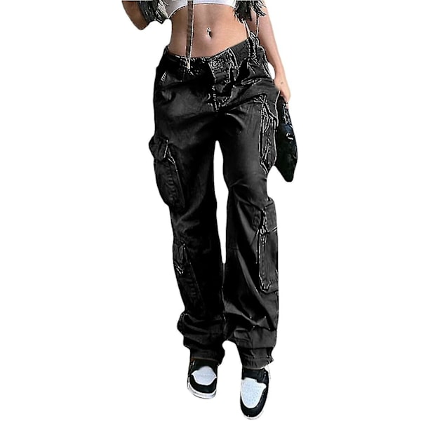 Dame Baggy Hip Hop Cargo Bukser Med Lomme Y2k Lav Talje Snøre Løse Joggingbukser Cargo Bukser Casual Sweatpants Streetwear Black M
