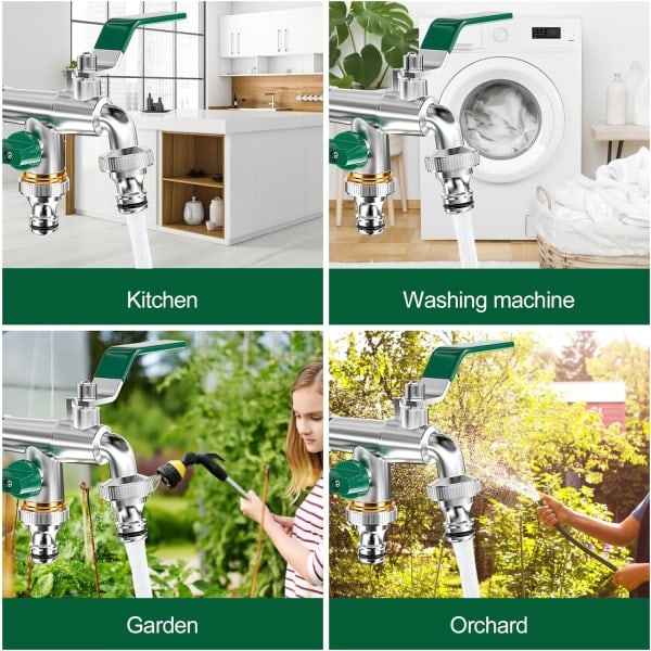 Dubbel trädgårdskran, utomhuskran i mässing, dubbla 3/4\" utlopp och 1/2\" inloppskran, med dubbla kopplingar och slangmunstycke
