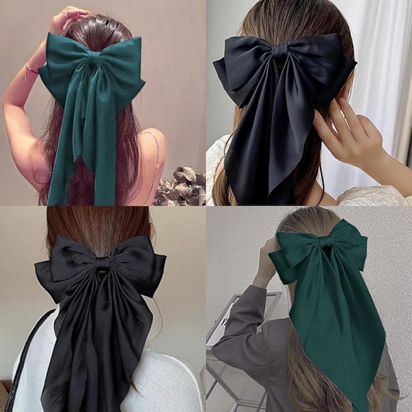 2 st stora rosett hårklämmor med lång silkeslen satin, enfärgad fransk barrette enkel hårspänne accessoarer för kvinnor flickor