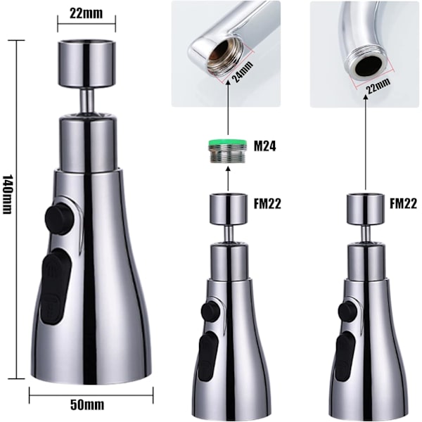 360° Vridbar Köksblandare Kran Sprayhuvud med 3 Funktioner Kranfäste Spray Kran Aerator för Köksblandare Ersättning Sprayhuvud, Krompolerad