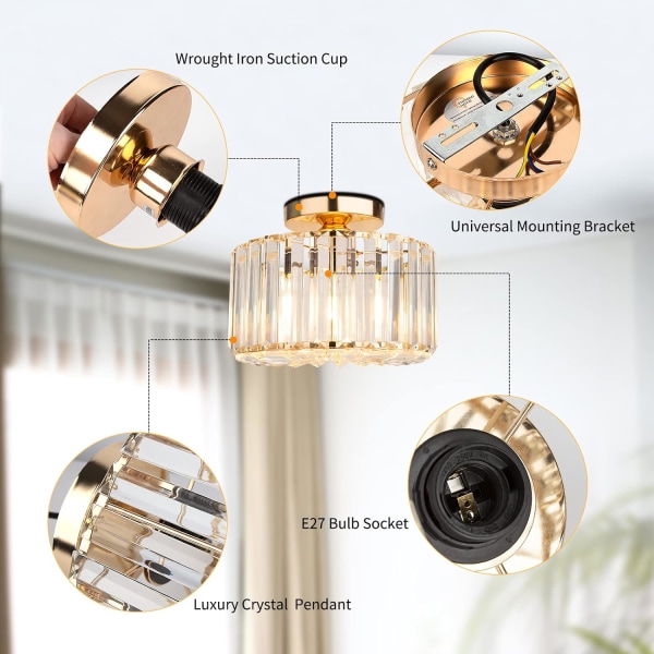 Gold Ceiling Light Fixture -  Industrial Crystal Semi Flush Mount Ceiling Lighting Modern LED Crystal Chandeliers Fitting for Hallway Living Room