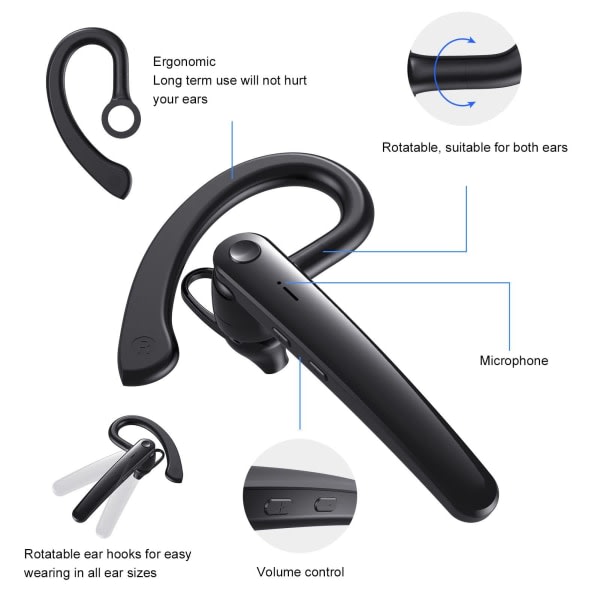Bluetooth headset, med mikrofon, ergonomisk støjreduktion køreheadset til telefon tablet til chauffør lastbil