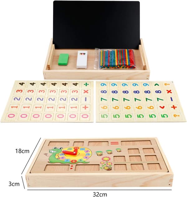 Puiset matematiikkalelut, oppimislaatikko, numeropeli, liitutaululla