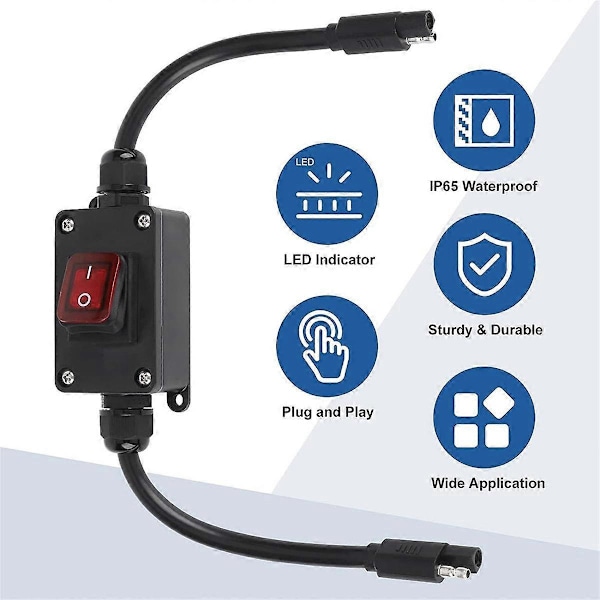 12V Strømbryder, IP65 Vandtæt SAE Stik med LED-indikator, 14 AWG Kabel til Solpanel, L