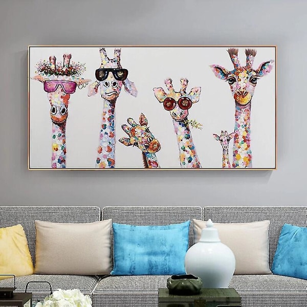 Graffiti kunst Farverigt dyr lærred maleri Nysgerrige giraffer familie pop kunst plakat print billede K