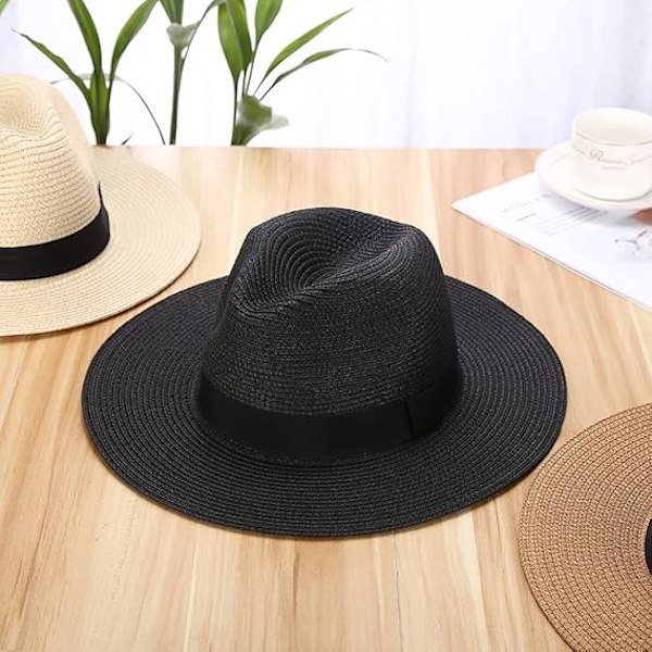 Sommerstrand solhatter, vevd Fedora Panama hatt rullbar strå-Fedora beskyttelse UPF50+ bred brem floppy damer strå solhatt