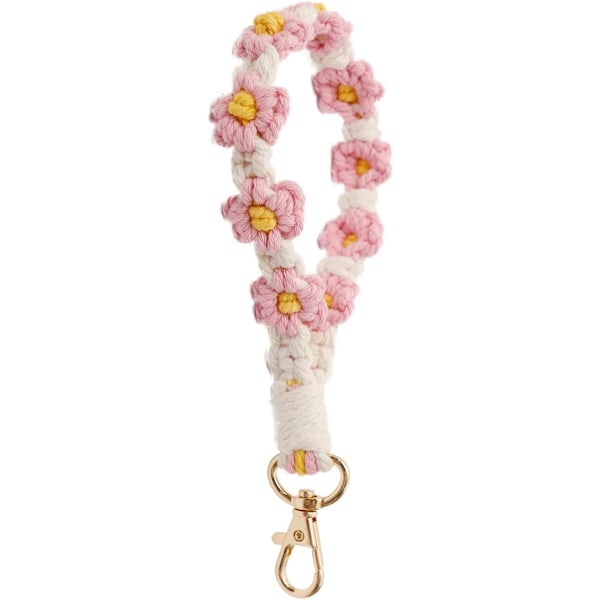 Boho Makrame Håndledsrem Nøglering Håndlavet Vævning Daisy Blomst Armbånd Nøglering Holder Håndledsrem