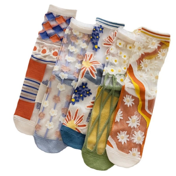 5 par rene sokker for kvinner i japansk stil, gjennomsiktige tynne nettingsokker Super søte