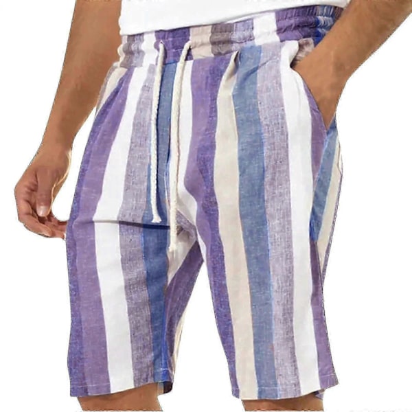 Herr Casual Bomull Linne Shorts, Sommar Färgblock Randiga Dragsko Midja Shorts Purple XL
