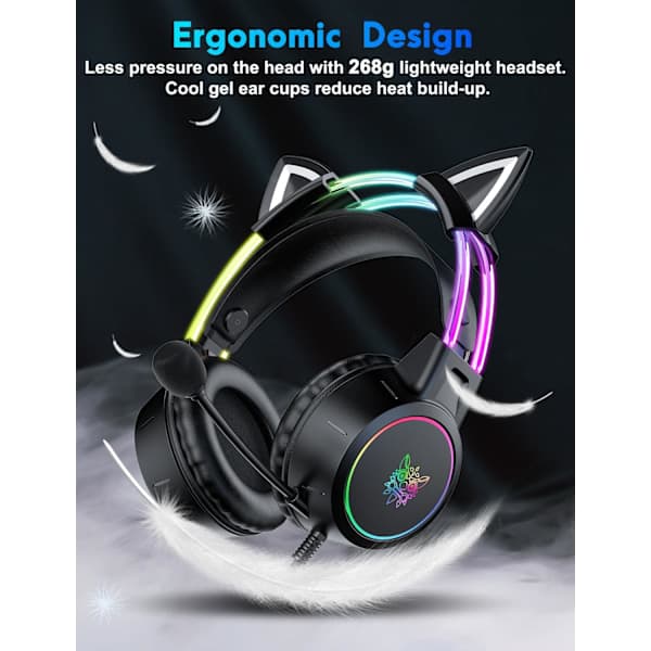 Lett Gaming Headset med Avtakbare Katteører, Gradient RGB-lys, Kablede Over-Ear Hodetelefoner for PC/PS4/PS5/XBOX/Switch, Virtu