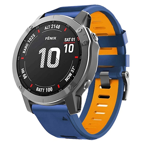 26 mm:n ranneke Garmin Tactix 7 Pro / Fenix 7x / 6x Pro / 5x Plus -kelloille, sileä silikoninen kaksiväri ranneke Midnight Blue Orange