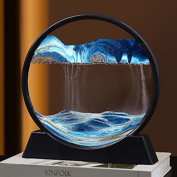 Bevægeligt Sandkunstbillede Rundt Glas - 3D Naturlandskab Flydende Sandramme Tidsglas Dekoration Yellow 12in