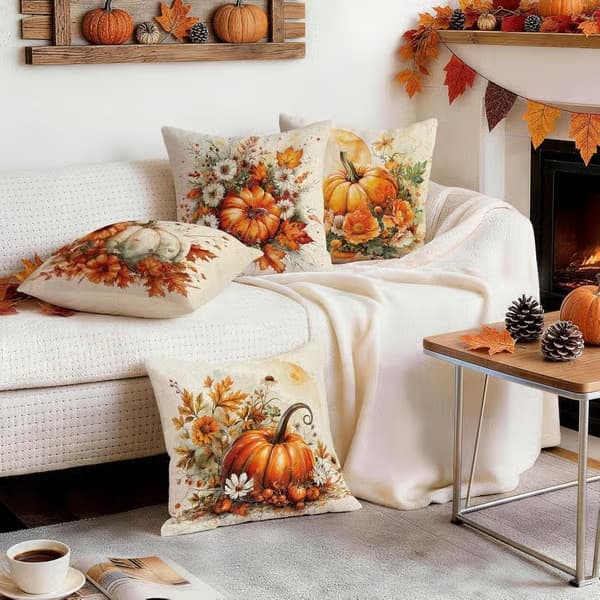 4-pack kuddfodral 45 × 45 cm med pumpamönster, höstdekoration och dekorativa tacksägelsekuddar för soffa, vardagsrum D