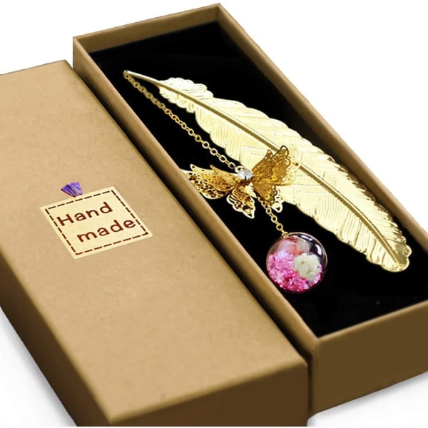 Metalli Butterfly Feather Kirjanmerkki Gift-Golden.pink White Flower