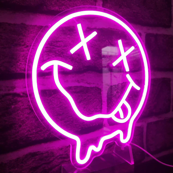 Smiley Face Neon-skylt med smält leende - Smält leende Neon-skyltar LED-skylt för väggdekoration Dimbar Neon Smiley Face Ljusskyltar för sovrum, barnrum, fest, rosa W