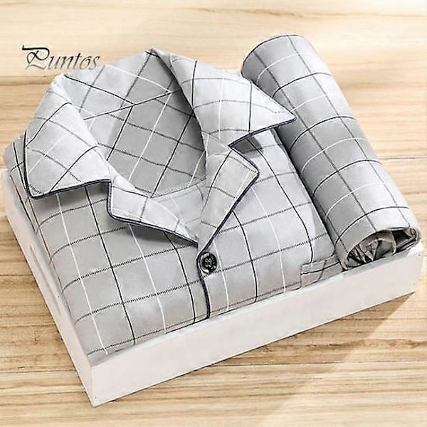 2 stk./sæt Herre Pyjamas Sæt Plaid Print Revers Langærmet Enkeltknappet Skjorte Elastisk Talje Lange Bukser Sæt Løs Pasform Loungewear Sæt dark blue XL