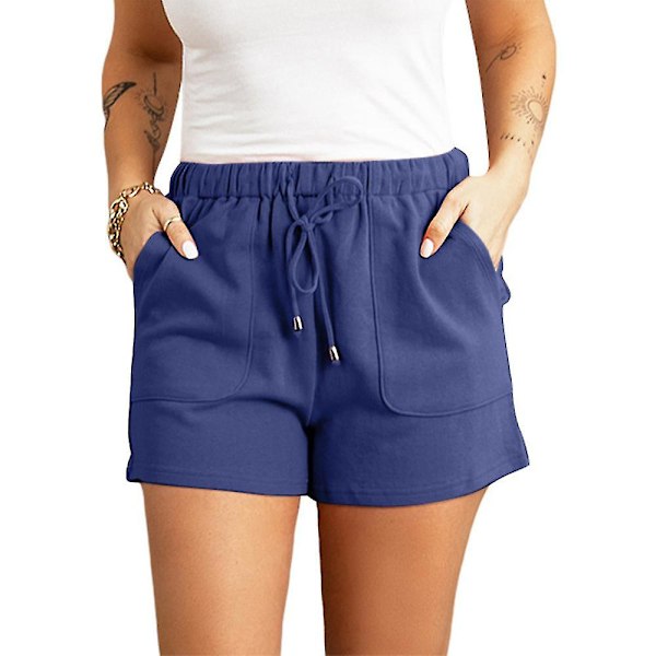 Dame Shorts med snøre, ensfarvede, højtaljede sports shorts med lommer Blue M