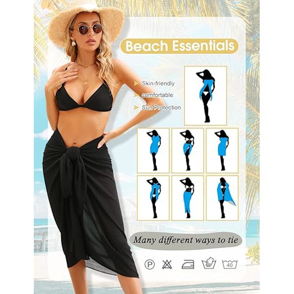 Strandkjole til kvinder, stranddækken, chiffon sarong, bikini cover up til badetøj, langt tørklæde, wrap, halv strand pareos til sommeren Black