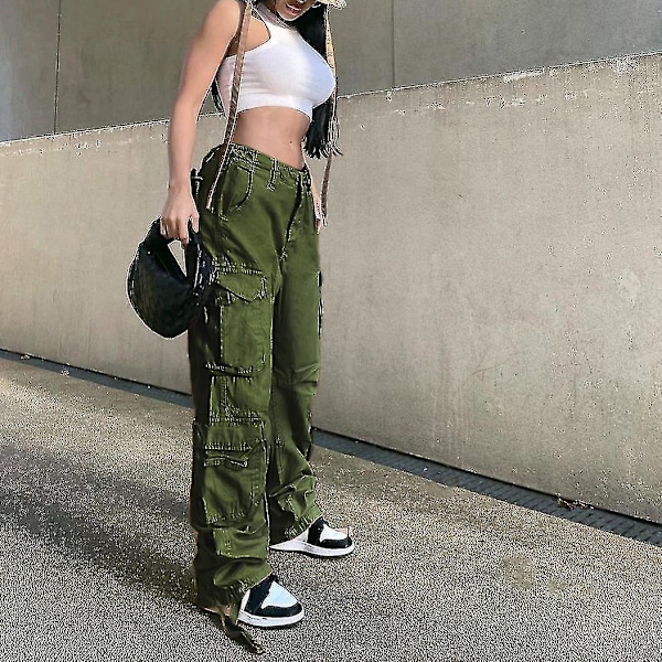 Baggy Hip Hop Cargo Bukser for Kvinner med Lomme Y2k Lavt Liv Snøring Løse Joggebukser Cargo Bukser Casual Sweatpant Streetwear Army Green L