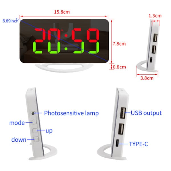 Digitaalinen herätyskello peilipinnalla, 3 kirkkaustasoa, RGB-värit