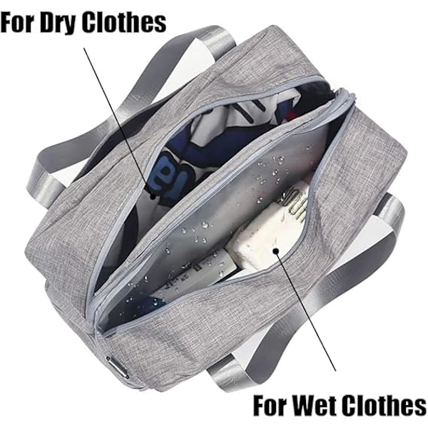 Vanntett treningsbag, duffelbag, reisebag, overnattingstaske, tørr våt separasjon, weekendbag, håndveske, sport for menn og kvinner (1 stk, grå)
