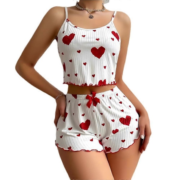 Naisten kotivaatteet Rakkauskuvioinen olkaimellinen shortsiasu Ohut Ribbineulos Eurooppalaiset ja amerikkalaiset naisten pyjamat Red And White L