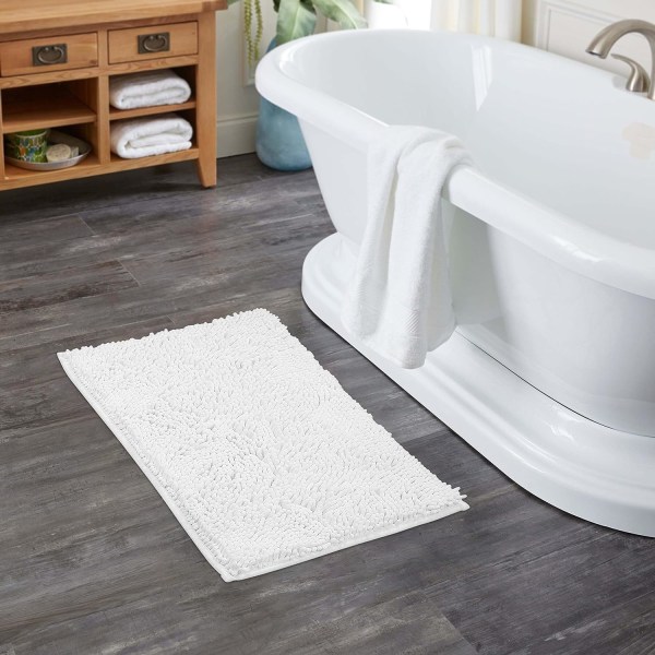 Bademåtte-Ekstra-blødt plys badetæppe til brusebad, 1'' Chenille mikrofibermateriale, Superabsorberende Shaggy Badetæppe (40 x 60 cm, Hvid)