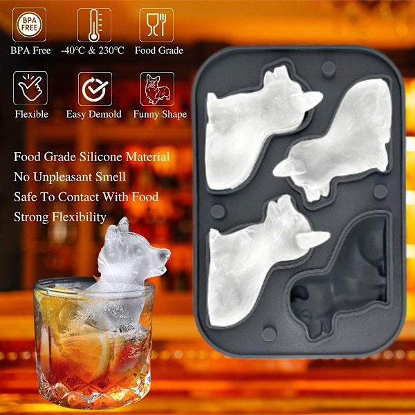Silikone isterningbakker med låg, nyhed isterningbakke til whisky, coaktail, øl - 3D sjove isforme til fryser, drikkevarer Corgi
