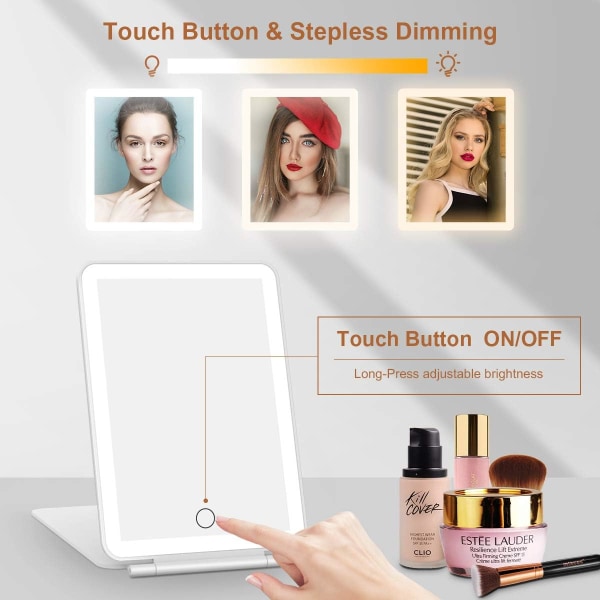 Genopladelig makeup-spejl, bærbar USB-forfængelighedsspejl med 3 farver 72 LED-belysning, touch-sensor-dæmpning, bordplade kosmetisk