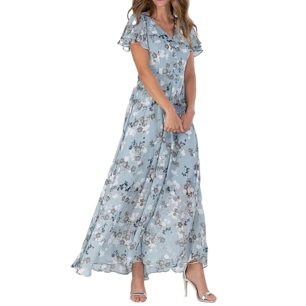 Maxiklänning Volang Kort Ärm Utsmyckning Mjuk Charmig Dam Blommig Casual Klänning Streetwear lake blue 2XL