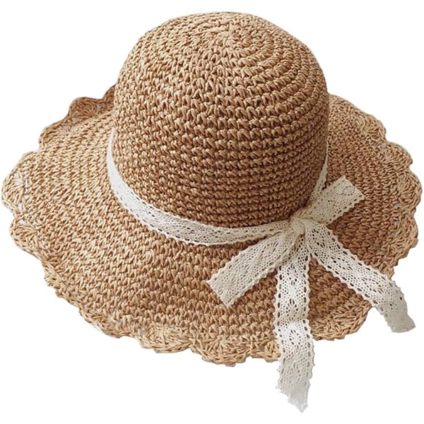 Børne Floppy Halm Hat Pakkelig Solhat Visir Foldbar Sommer Strandhat med Blonder Sløjfe til Småbørn Piger