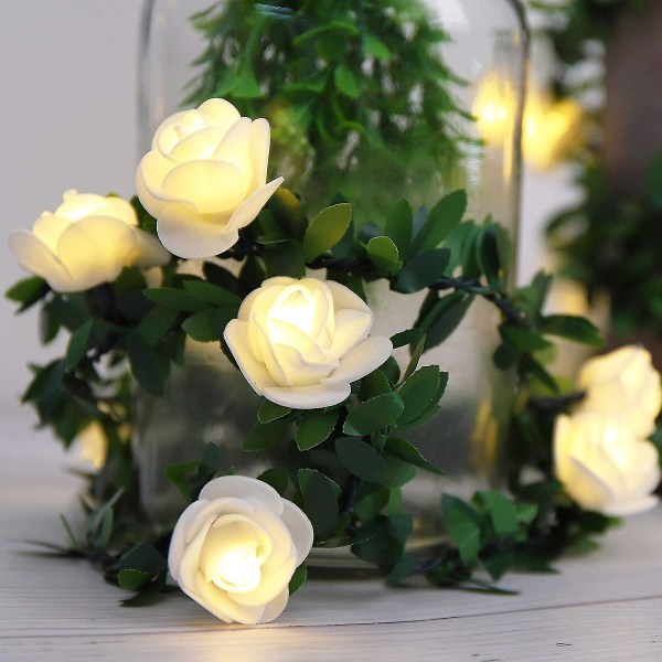 Rose Flower Vine String Lights, Varmvit, Batteridriven Romantisk Fairy Lamp för Alla hjärtans dag, Bröllop, Sovrum, Trädgård, Jul, Uteplats, Whit