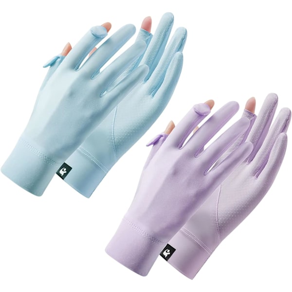 2 par solskyddshandskar för kvinnor, halkfria UV-skyddshandskar för körning, handskar med full finger touch screen, handledslängd för sommarridning purple blue