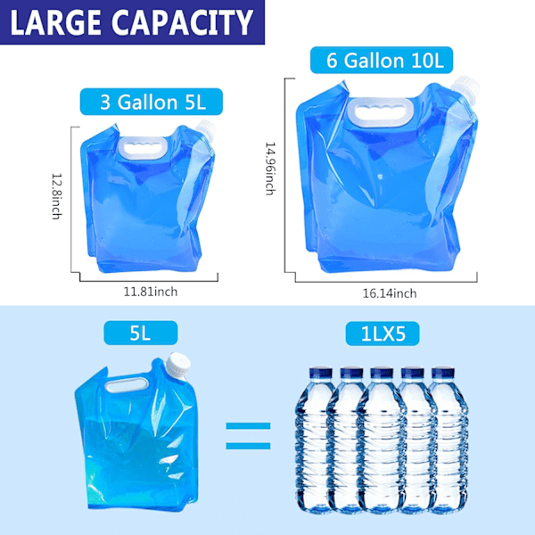 2-pack hopfällbar vattenbehållare, 5L+10L hopfällbar vattenpåse för utomhusbruk, vattenbehållare för sport, camping, vandring, picknick, grillning, vattentålig present