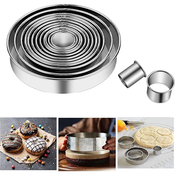 12 stk runde kake- og kjeksutstekere, 304 rustfritt stål kakeutstekere og donututstekeringer for deig, bakverk, kjeks, muffins, fondant