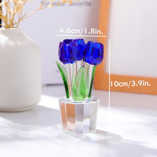 Krystall Tulipan Blomsterbukett Figur Samleobjekter Gaver til Kvinner, Glass Blomster Midtstykke Ornamenter til Jul Bursdag med 3 Blomster Blue