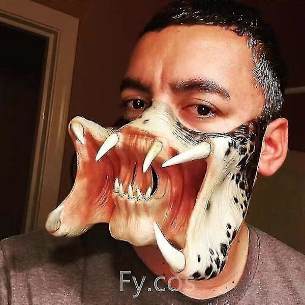 Hymyilevä Kasvoton Mies Lateksiripsi Maskin Pää Horror Kasvoton naamio Cosplay Pelottava Alien Kypärä Halloween Puvustusnaamio Miehille Fangs Mask