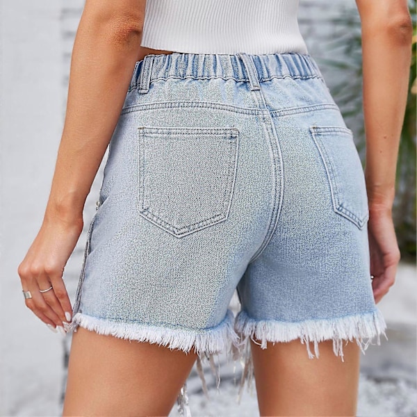 Dam Casual Shorts Polyester Bekväm Mjuk Strass Pärlbroderade Fringe Shorts för Shopping Blå L