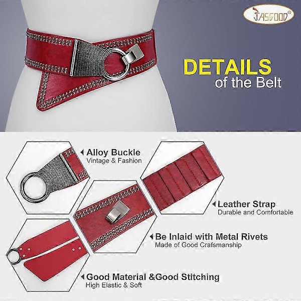 Vintage Rivet Naisten Muoti Leveä Vyötärö Joustava Stretch Vyö Mekkoon - Halloween Vyö B-Red Fit Waist size 26-30Inch