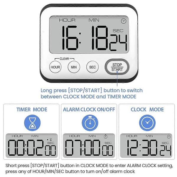 Kökstimer Alarmklocka Multifunktionell Digital Kökstimer med Stor LCD-Display Magnetisk, Alarmklocka, Svart Magnet