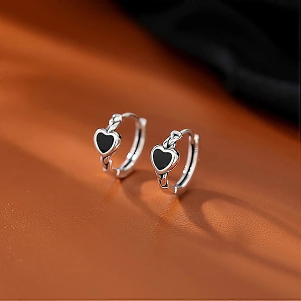 Svarta hjärtörhängen i sterlingsilver för kvinnor flickor, hjärtformade creoler