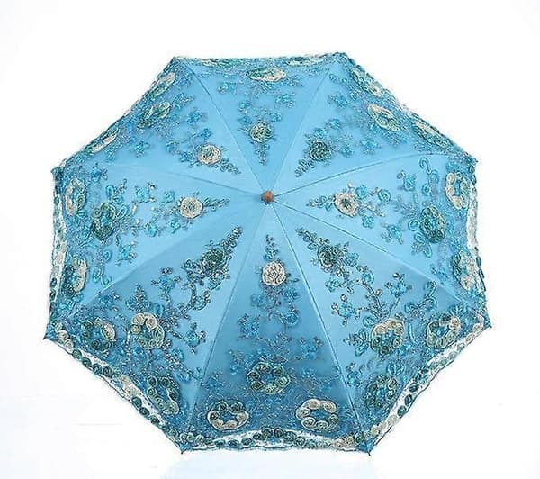 Sammenleggbar UV Parasoll Snø/Regn/Sol Paraply Broderi Bryllupsparaply Blue